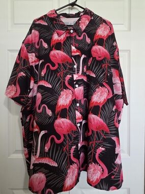 Black Button-Up Shirt with Pink Flamingo Print